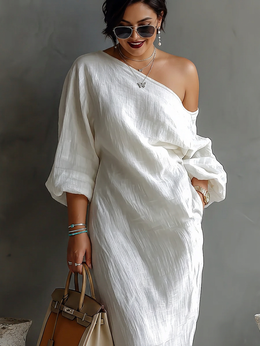 Donatella™  - Elegante Abito Maxi Monospalla in Bianco