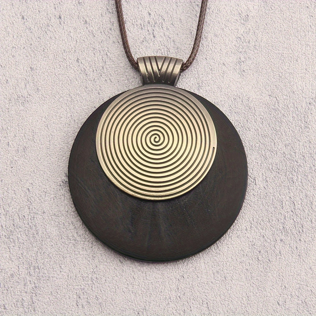 Collana Lunga con Pendente Medaglione Spirale Bohemien Retro