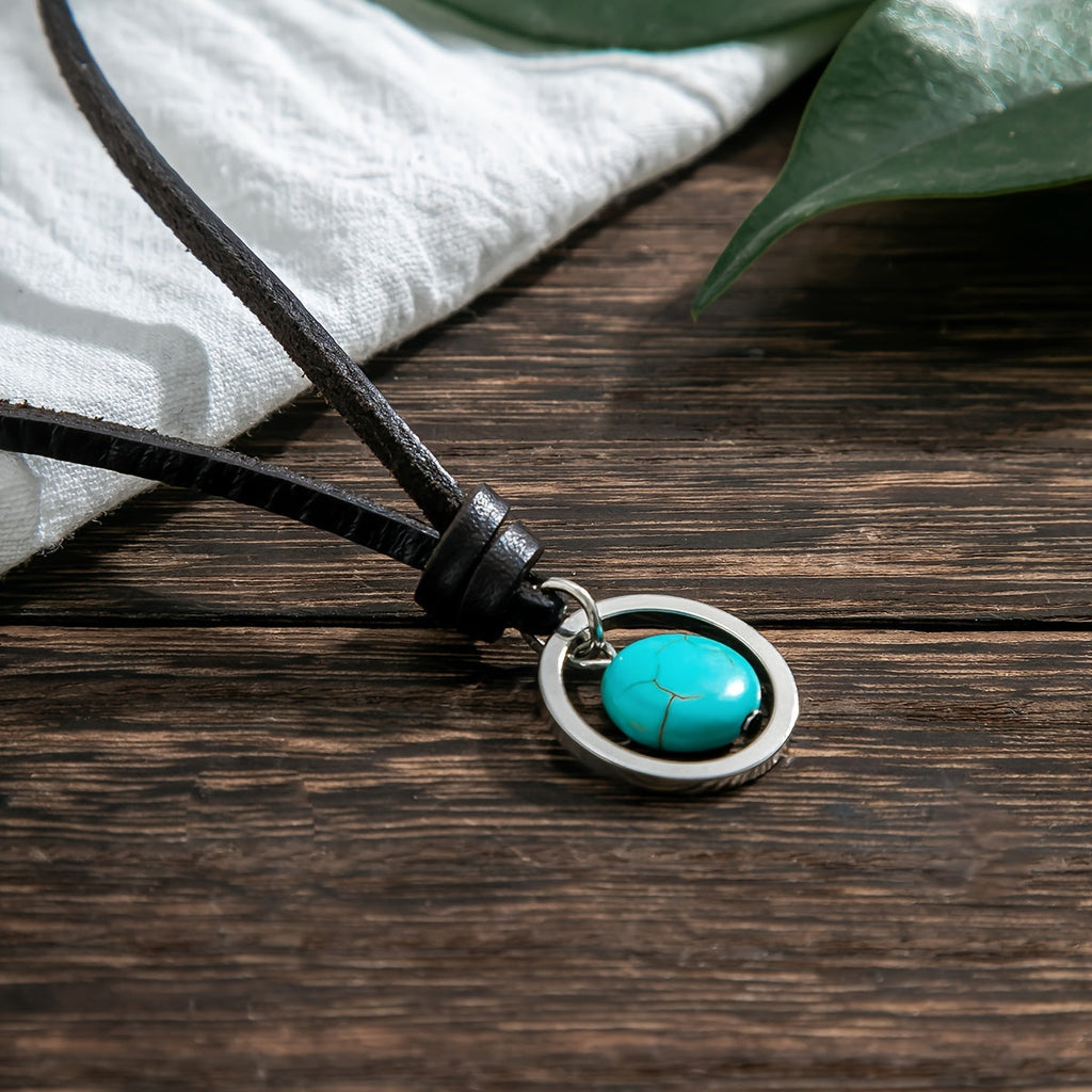 Collana Choker in Pelle con Pendente Turchese Bohemien