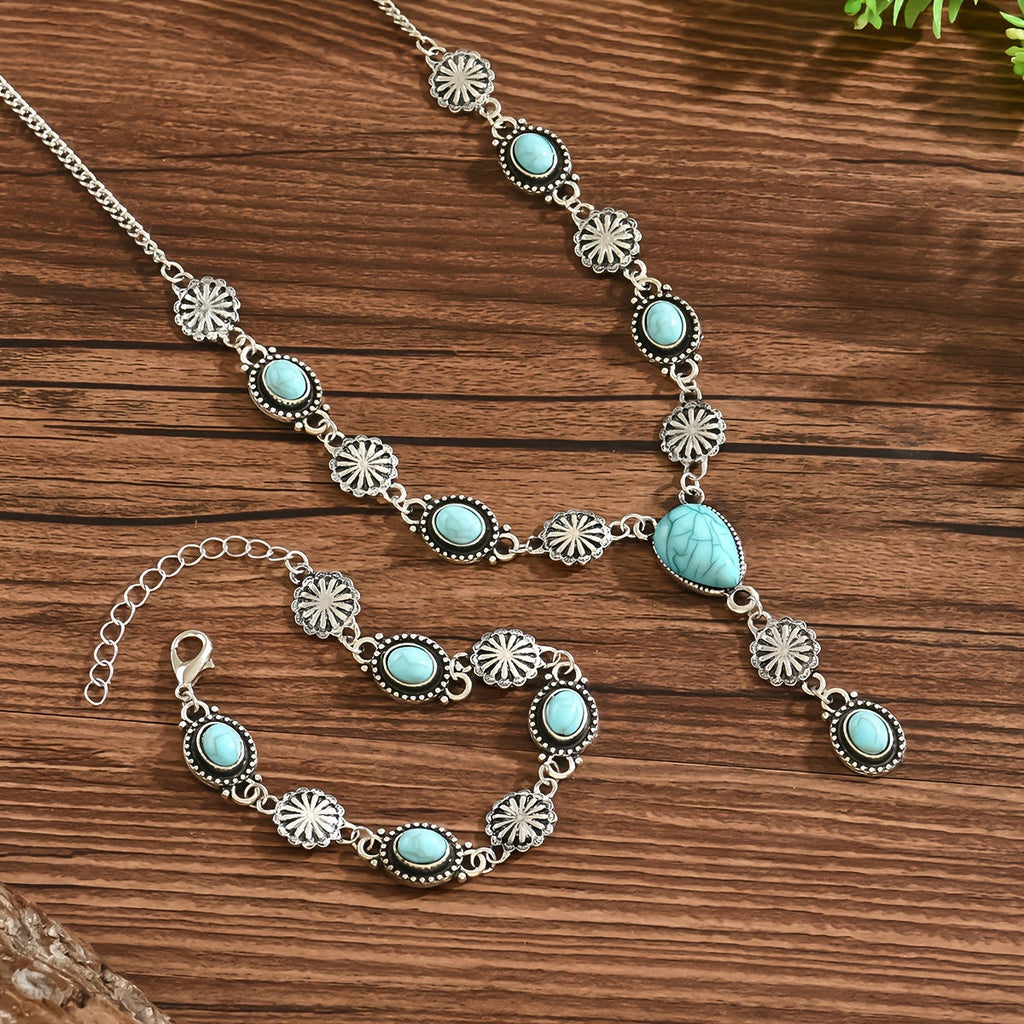 Set di Collana e Bracciale Floreale Bohemien Turchese