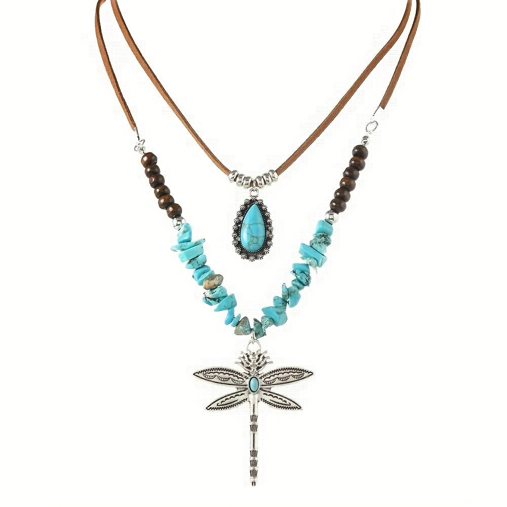 Collana a strati Bohemien in Turchese con Libellula in Due Pezzi