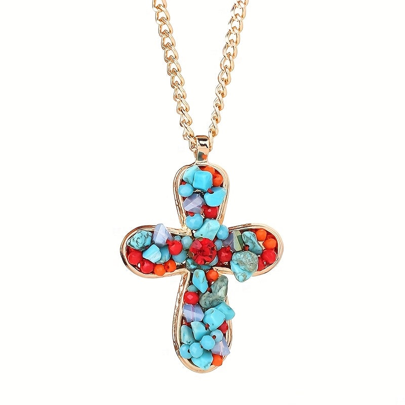 Collana con Pendente a Croce Turchese Colorato in Stile Bohemien
