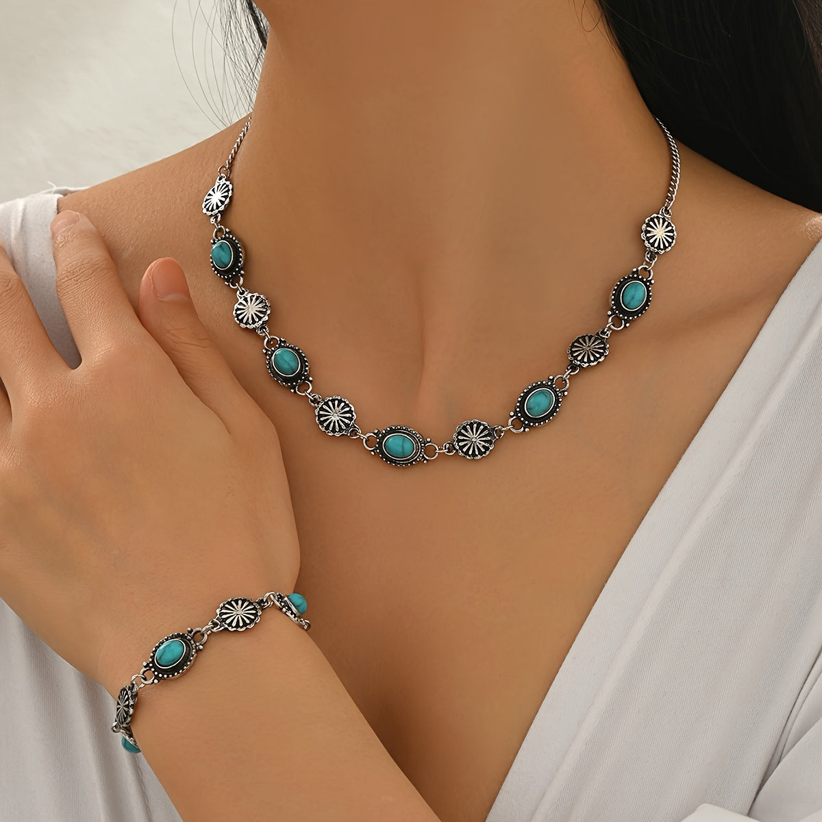 Set di Collana e Bracciale Floreale Bohemien Turchese