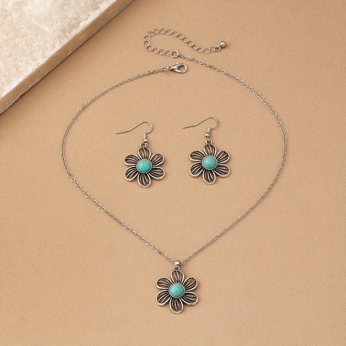 Orecchini e Collana Vintage Boho con Fiore Turchese