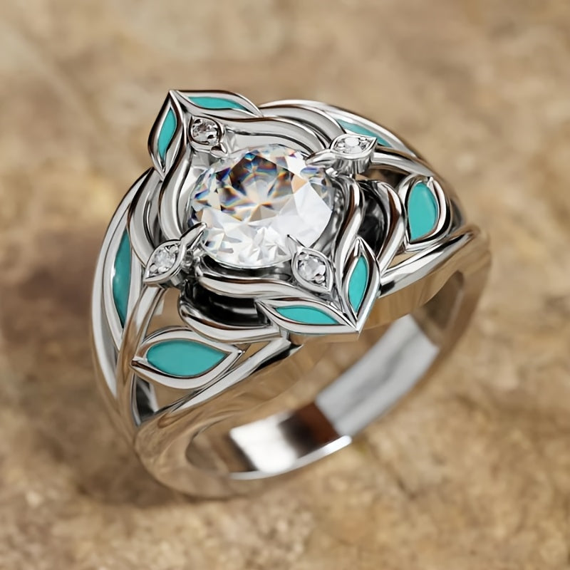 Anello Elegante Bohemien con Foglia Turchese e Zirconia Cristallina