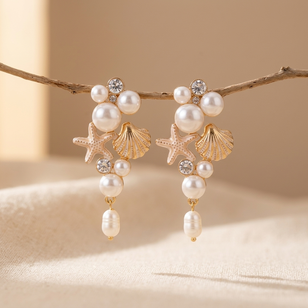 Orecchini Pendenti in Perla e Conchiglia Bohemien
