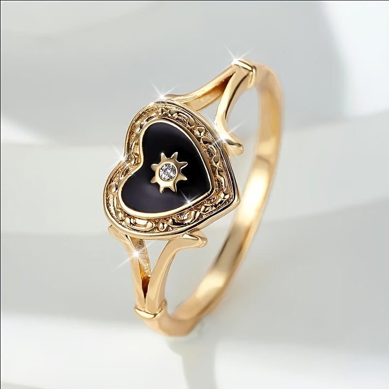 Anello Bohemien Sole Dorato e Cuore Nero in Zirconia