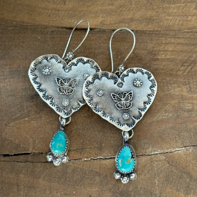 Orecchini a Farfalla a Cuore Turchese Boho in Argento