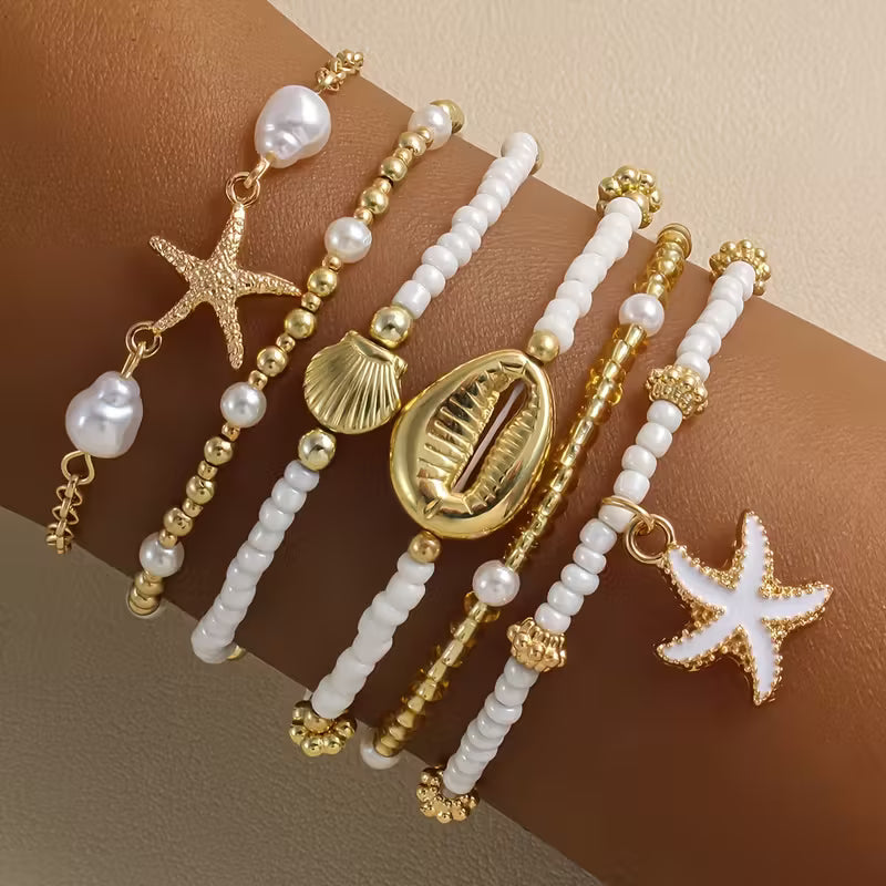 Set di 6 Bracciali in Oro e Perle