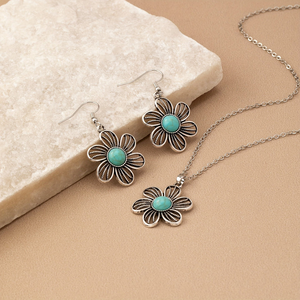 Orecchini e Collana Vintage Boho con Fiore Turchese