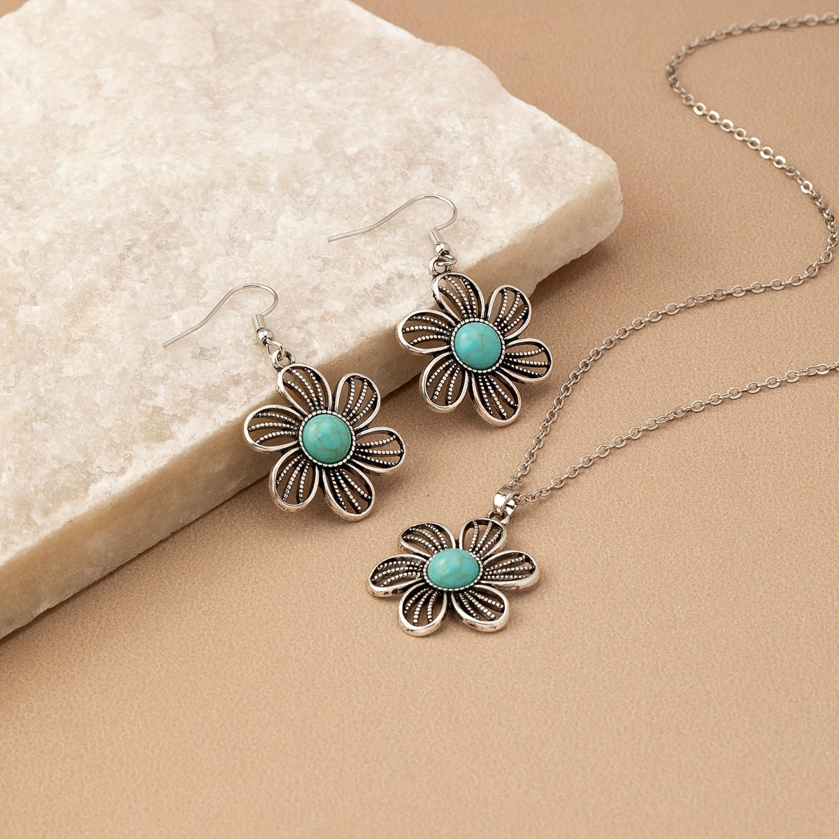 Orecchini e Collana Vintage Boho con Fiore Turchese