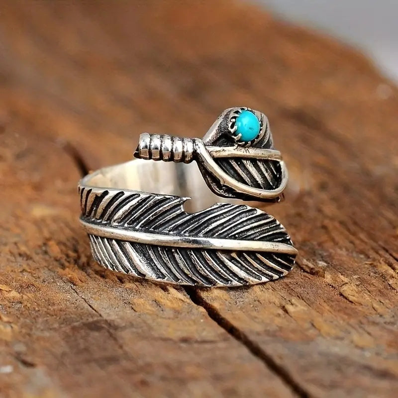 Anello in Argento Sterling con Piuma e Turchese Boho
