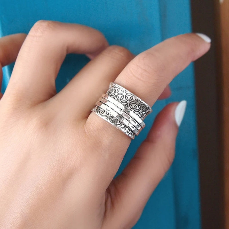 Anello Vintage Boho Floreale Larghezza in Argento Placcato