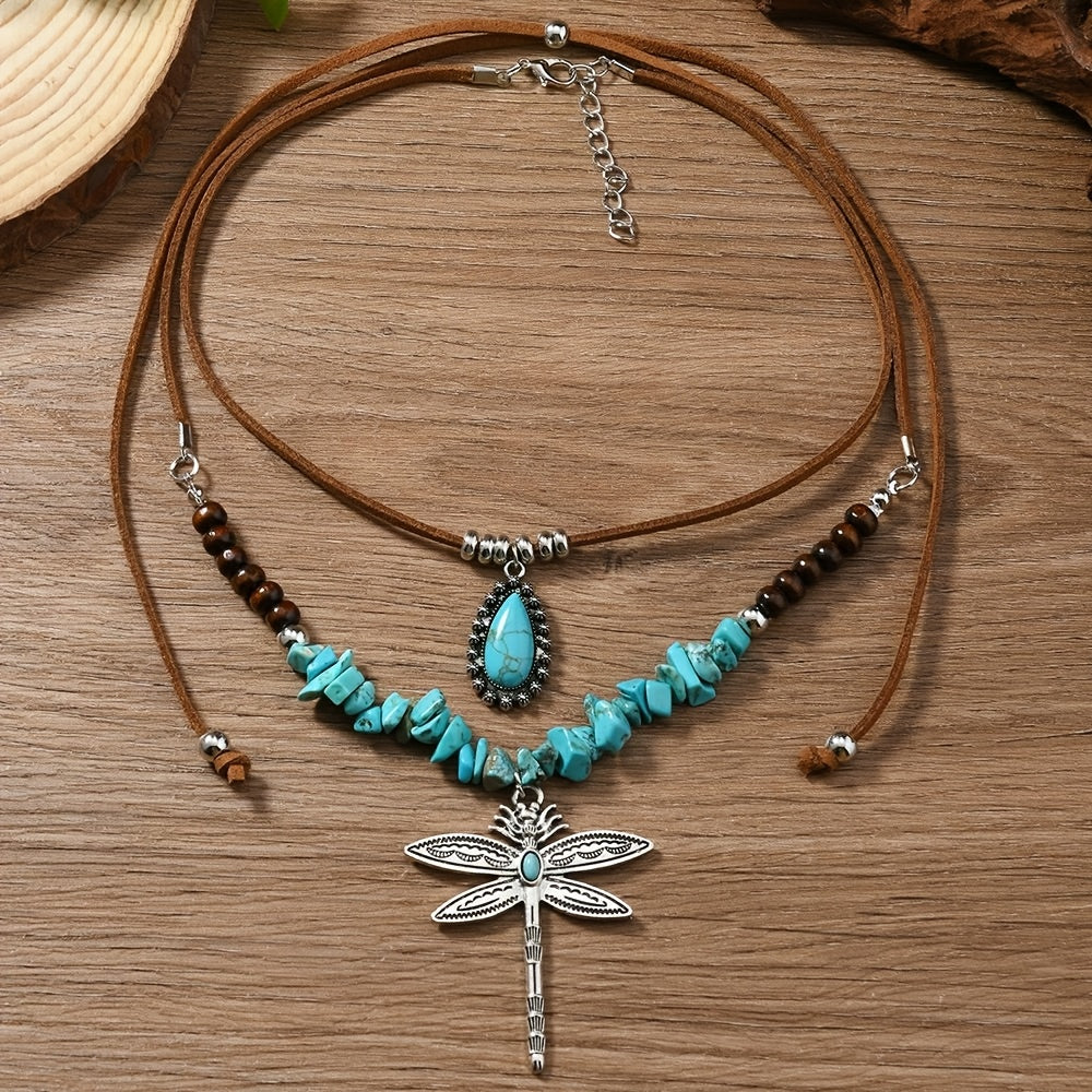 Collana a strati Bohemien in Turchese con Libellula in Due Pezzi