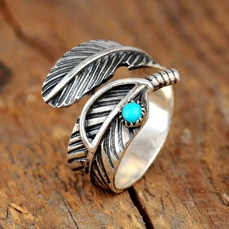 Anello in Argento Sterling con Piuma e Turchese Boho