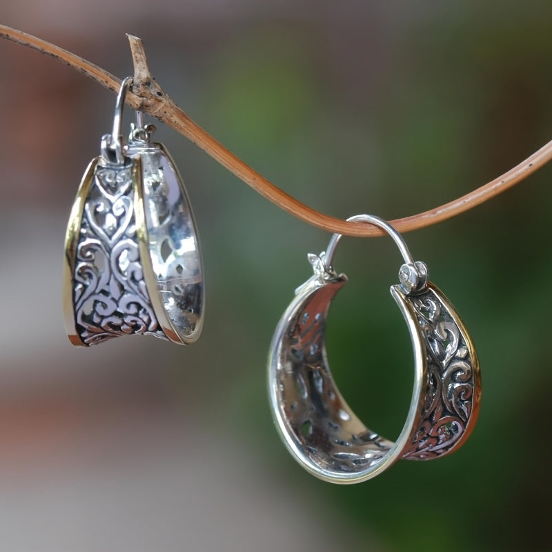 Orecchini a Cerchio Boho Vintage Bicolore Intagliati