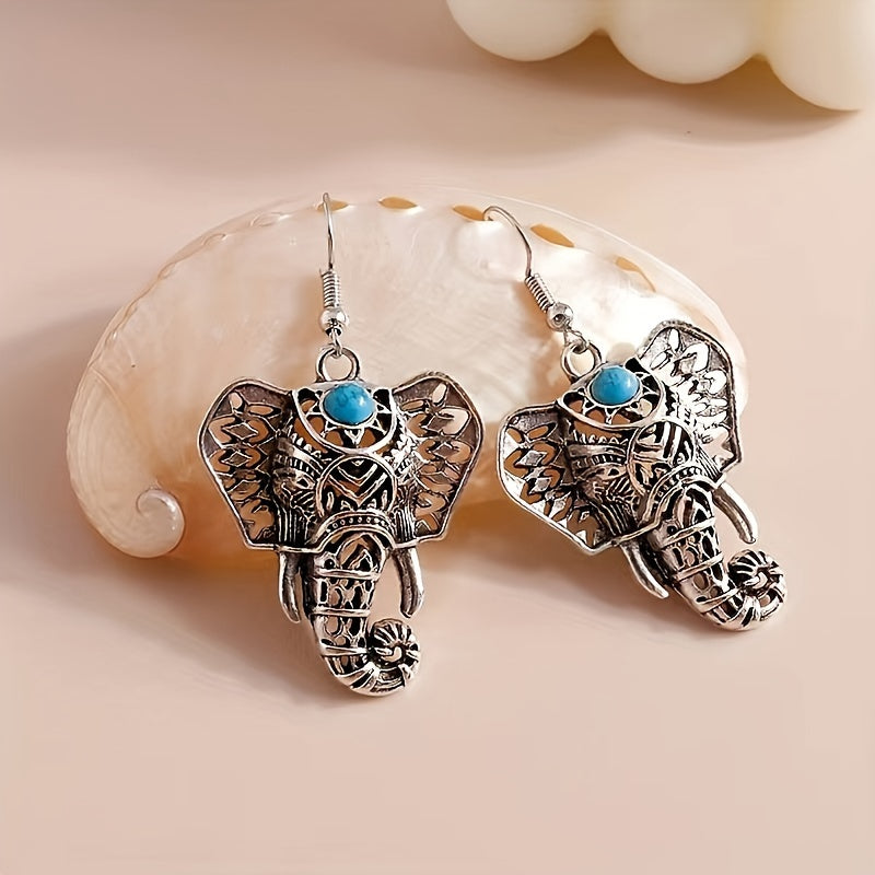 Orecchini a pendente Boho in argento placcato con elefante turchese vintage
