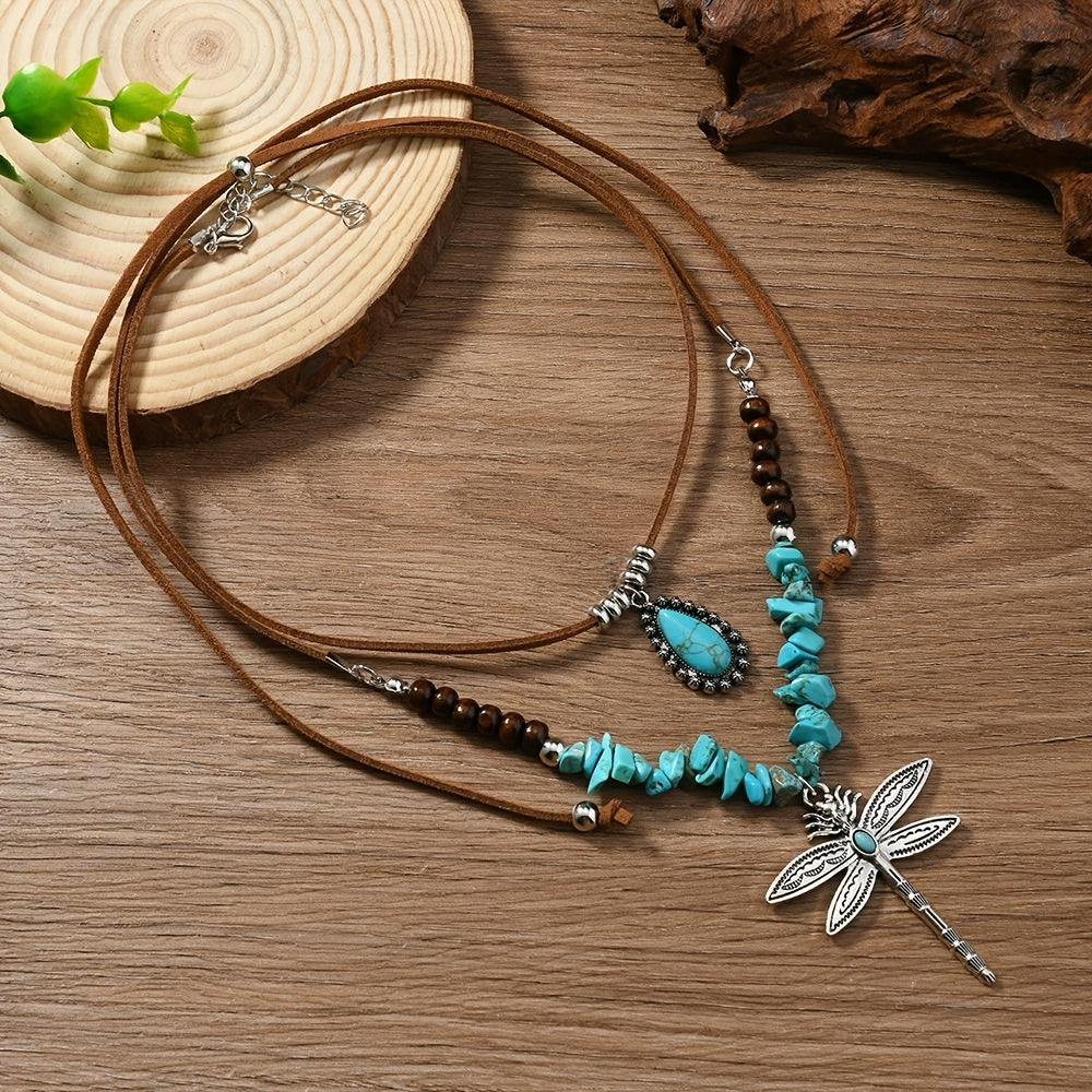 Collana a strati Bohemien in Turchese con Libellula in Due Pezzi