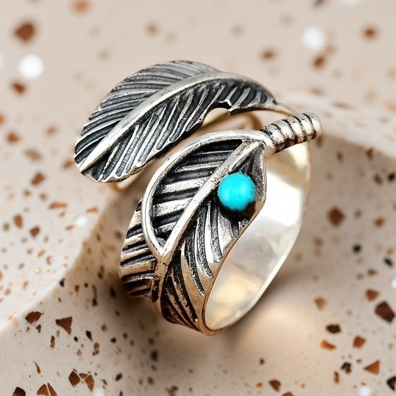 Anello in Argento Sterling con Piuma e Turchese Boho