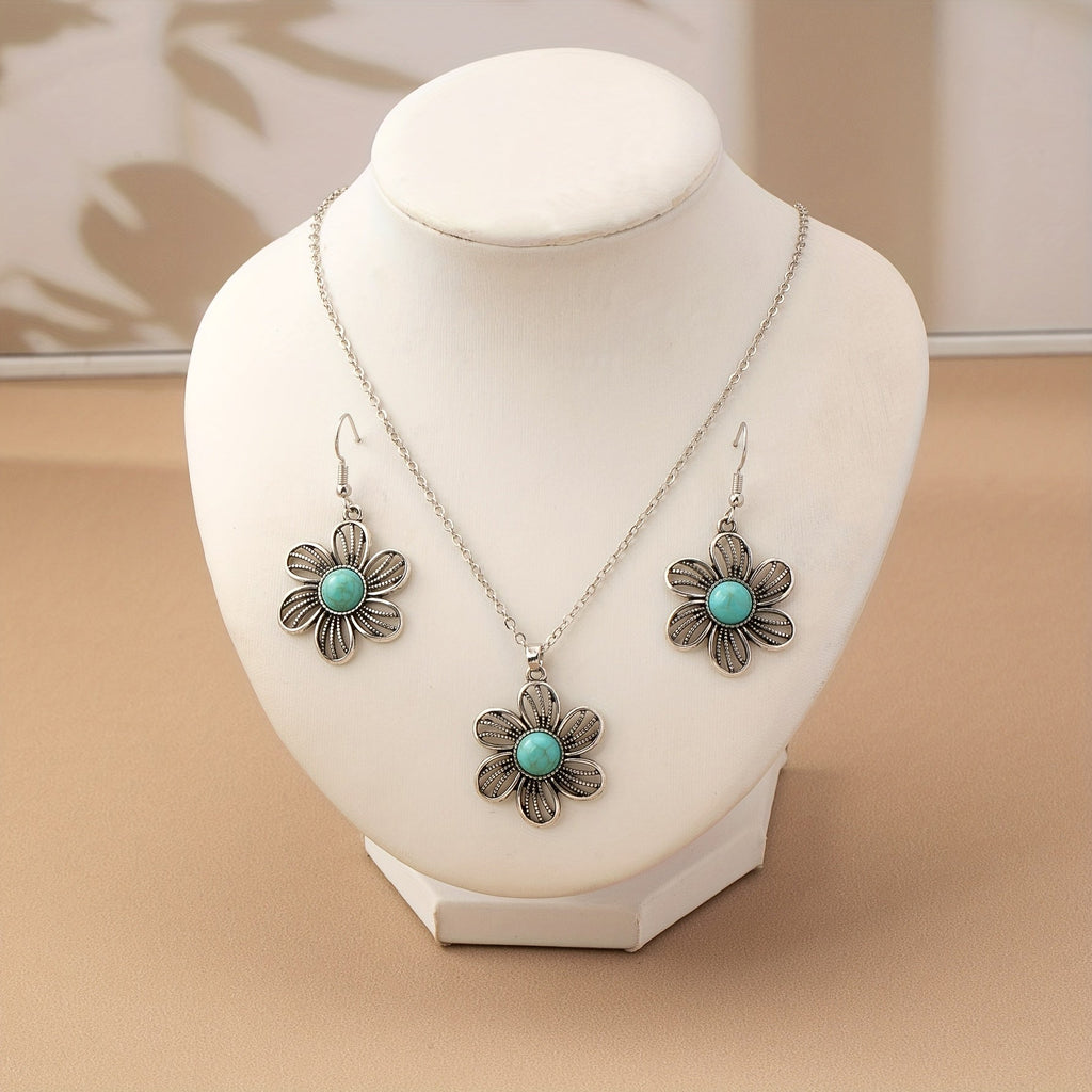 Orecchini e Collana Vintage Boho con Fiore Turchese