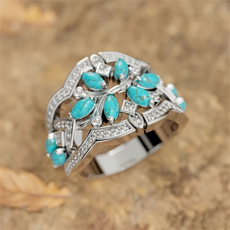 Anello a grappolo floreale vintage bohemien in turchese