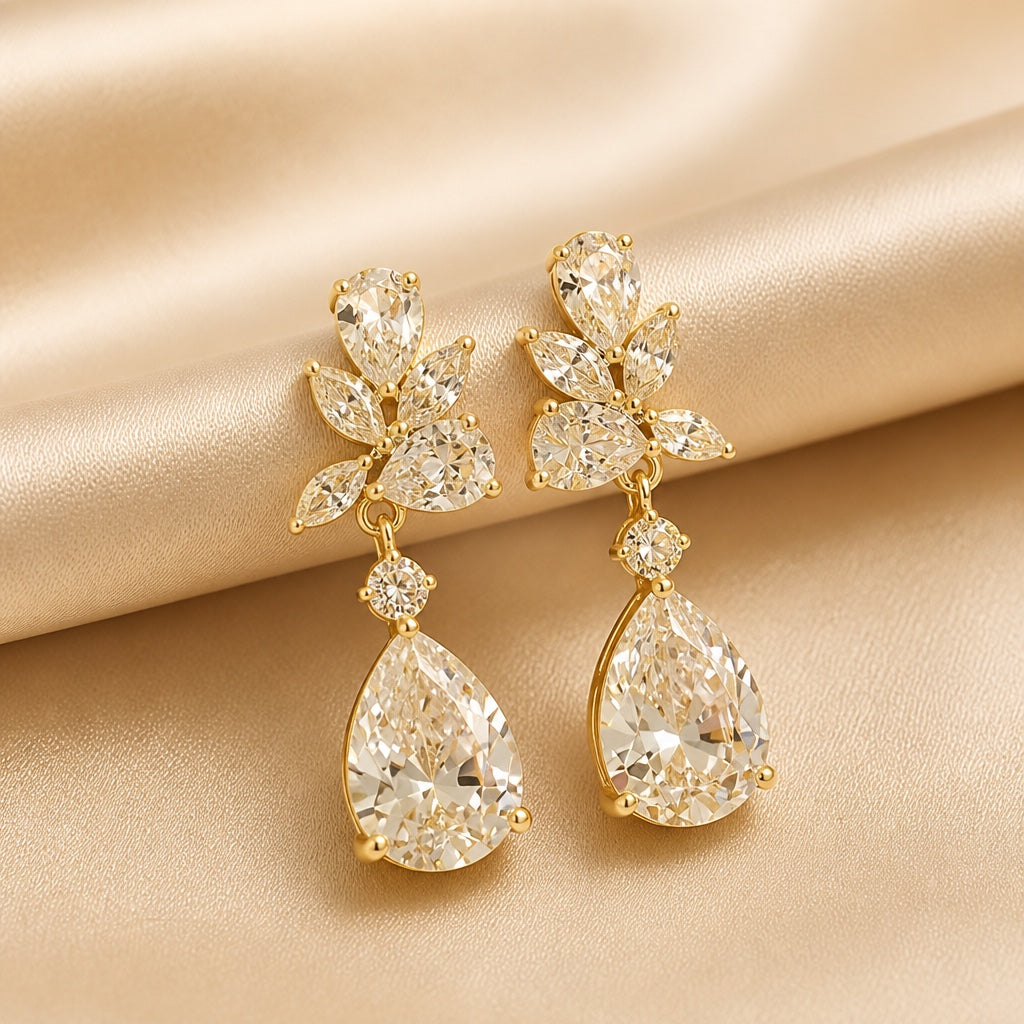 Orecchini a goccia con fiori in oro bianco