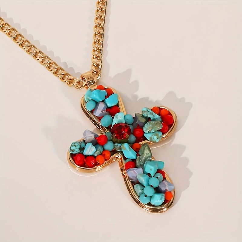 Collana con Pendente a Croce Turchese Colorato in Stile Bohemien