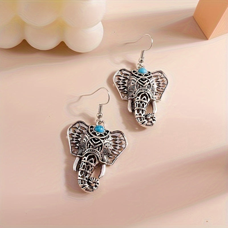 Orecchini a pendente Boho in argento placcato con elefante turchese vintage