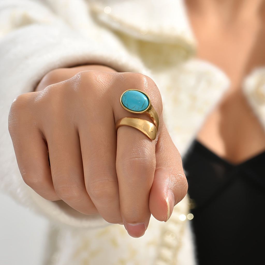 Anello a fascia aperta in oro placcato con turchese bohemien