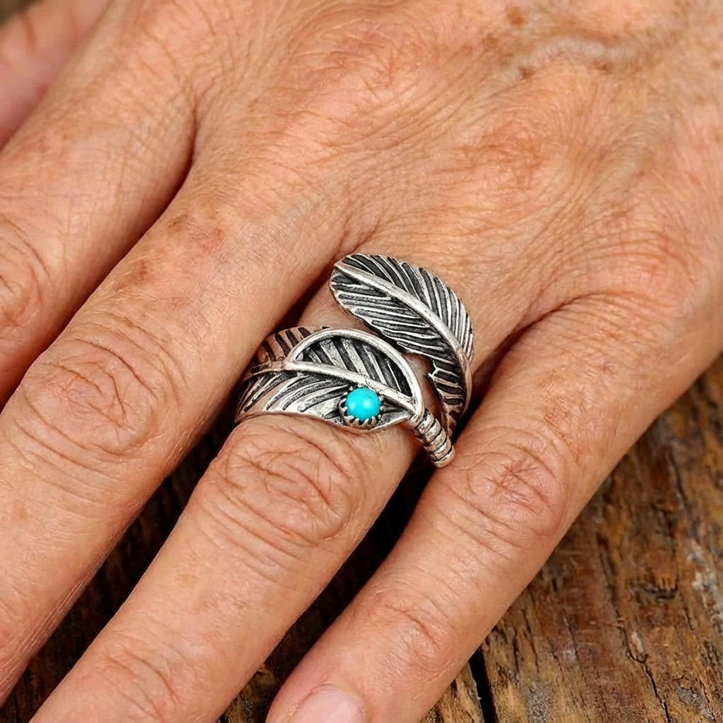 Anello in Argento Sterling con Piuma e Turchese Boho