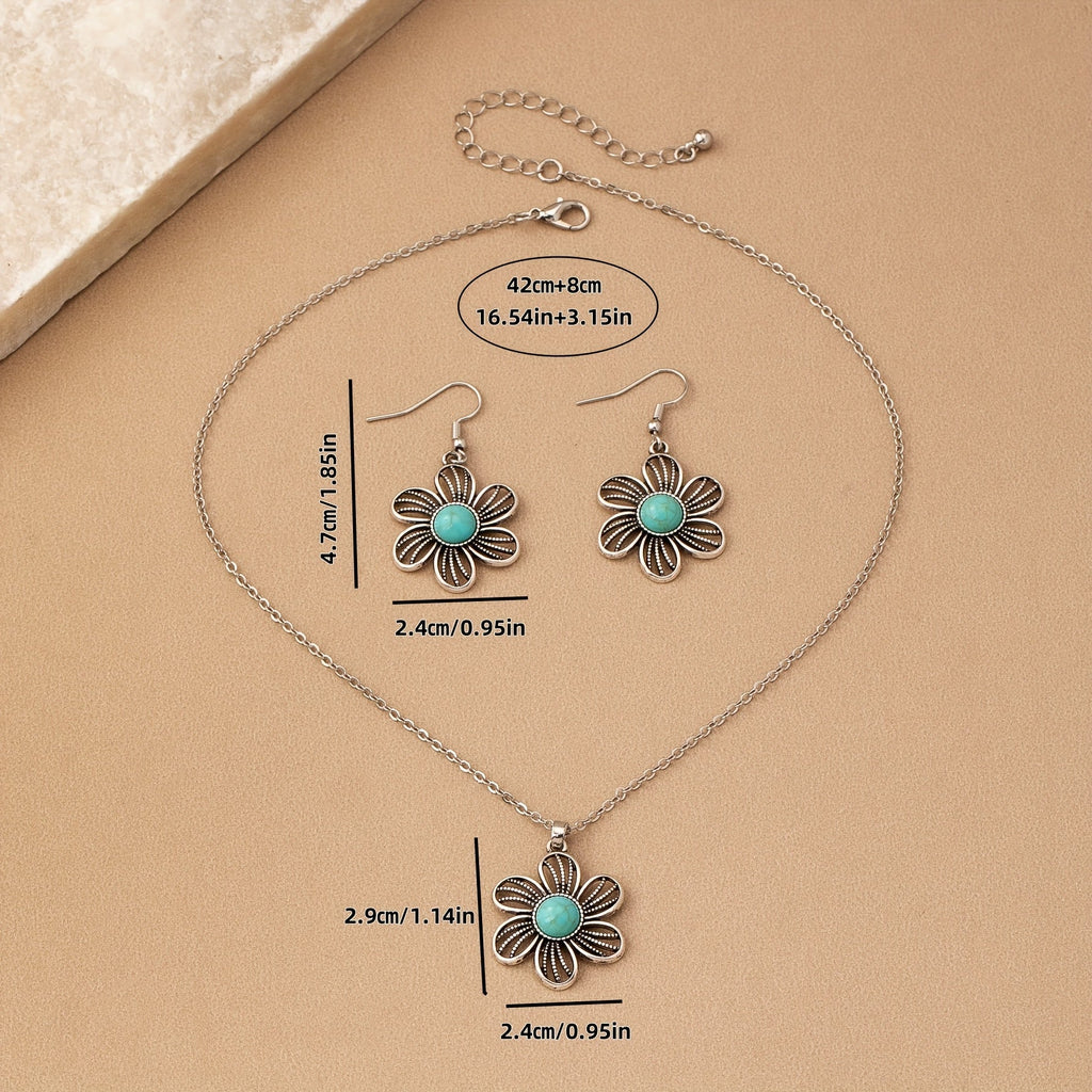Orecchini e Collana Vintage Boho con Fiore Turchese