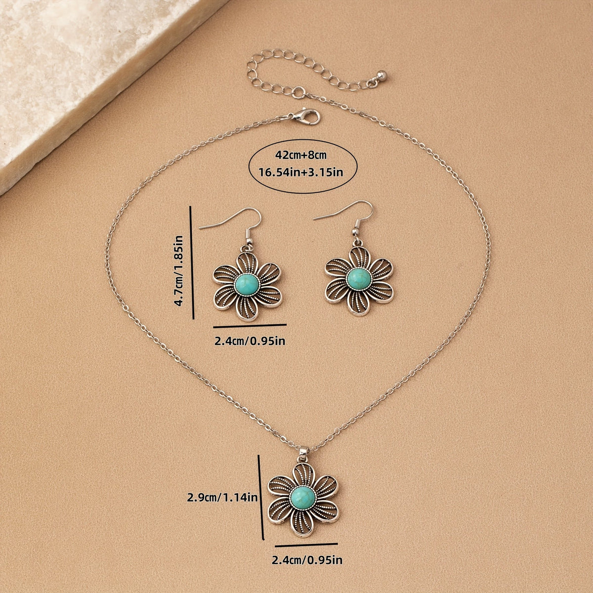 Orecchini e Collana Vintage Boho con Fiore Turchese