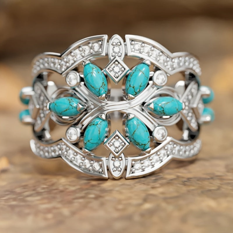 Anello a grappolo floreale vintage bohemien in turchese
