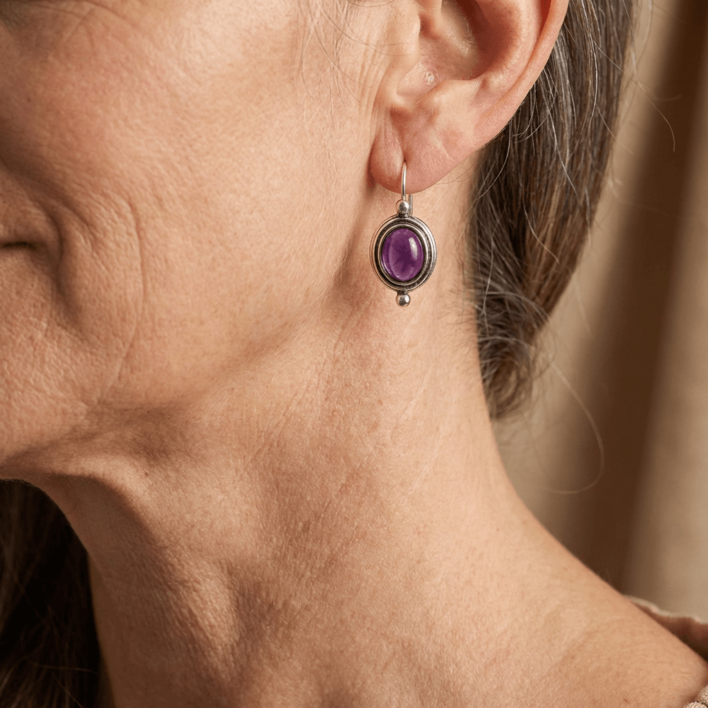 Orecchini a pendente vintage boho in pietra viola con placcatura in argento