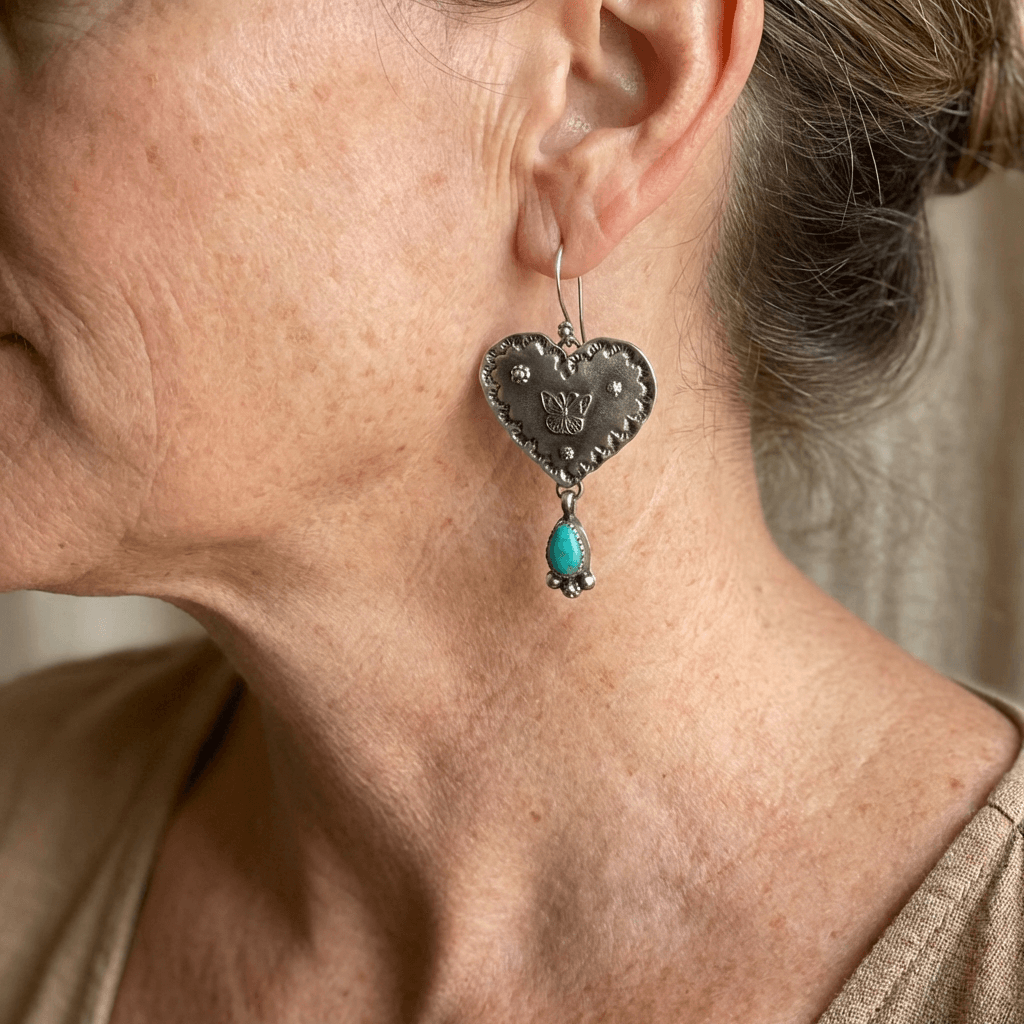 Orecchini a Farfalla a Cuore Turchese Boho in Argento