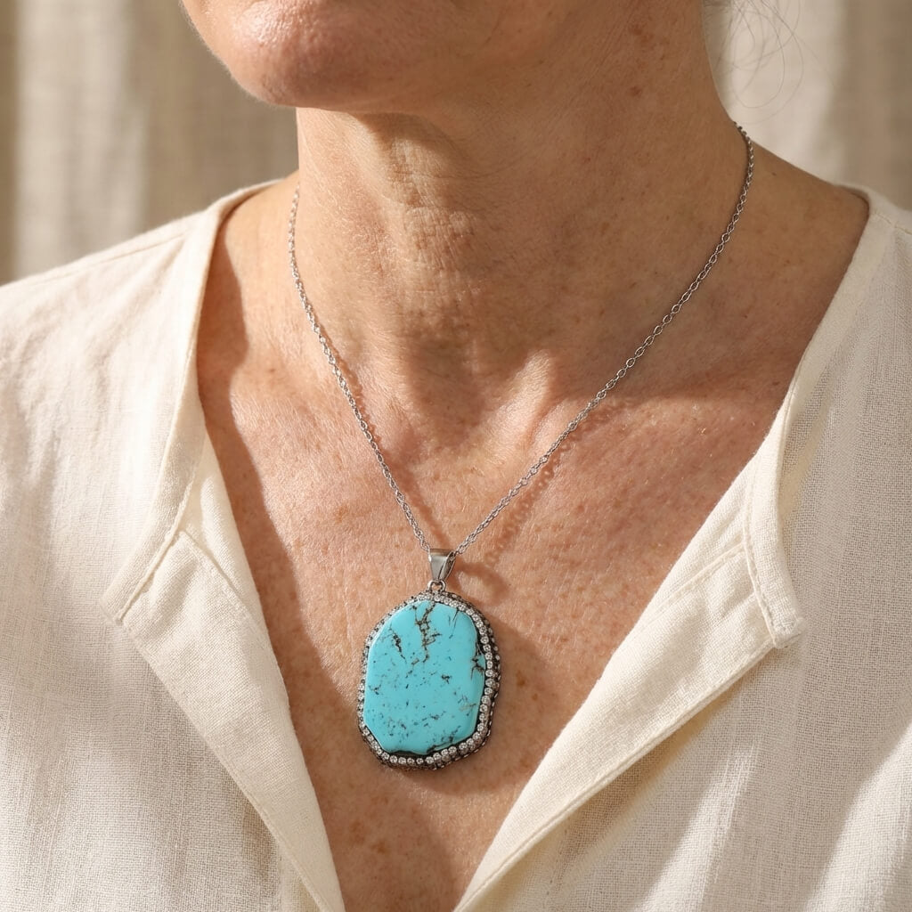 Collana con Pendente Ovale in Malachite e Turchese Vintage