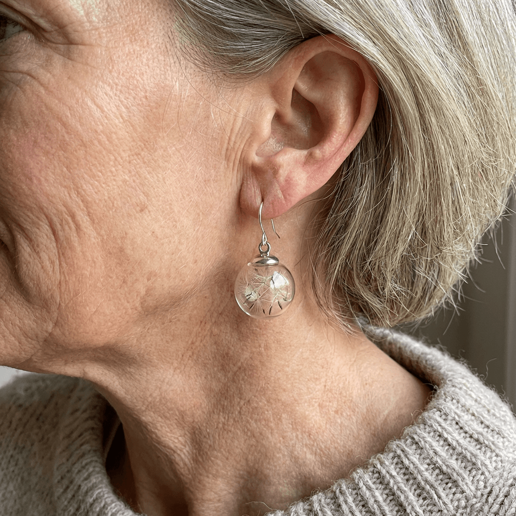 Orecchini a Goccia in Vetro Placcato Argento con Design di Dente di Leone