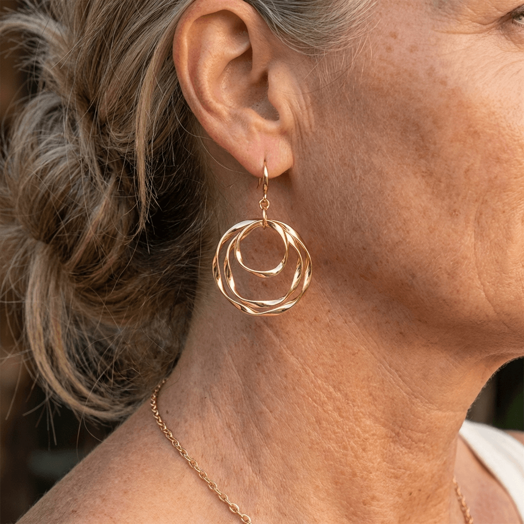 Orecchini a pendente doppi ad anello in oro martellato boho