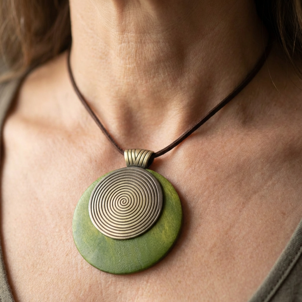 Collana Lunga con Pendente Medaglione Spirale Bohemien Retro