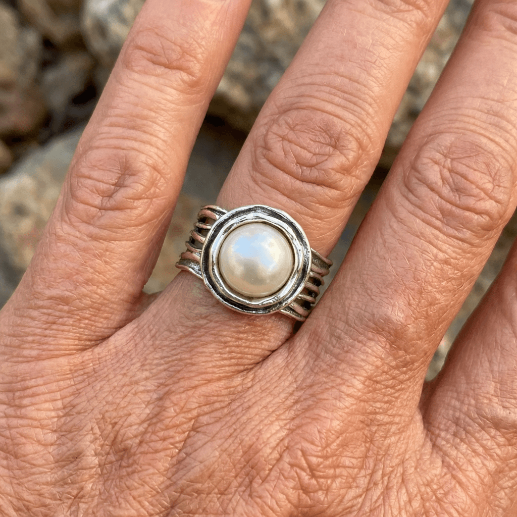 Anello Vintage Bohemien Placcato Argento con Perla Finta