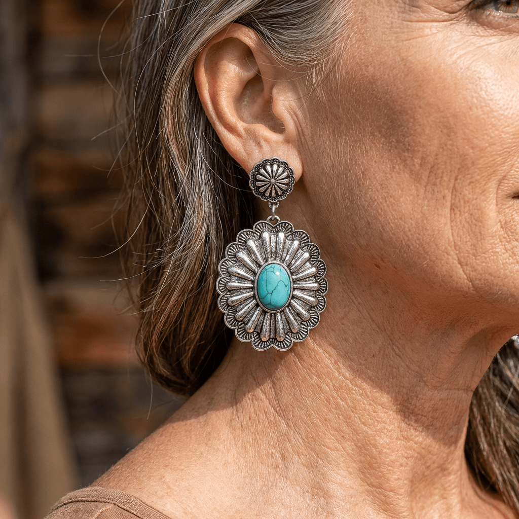 Orecchini Vintage Bohemien con Motivo Tondo in Turchese
