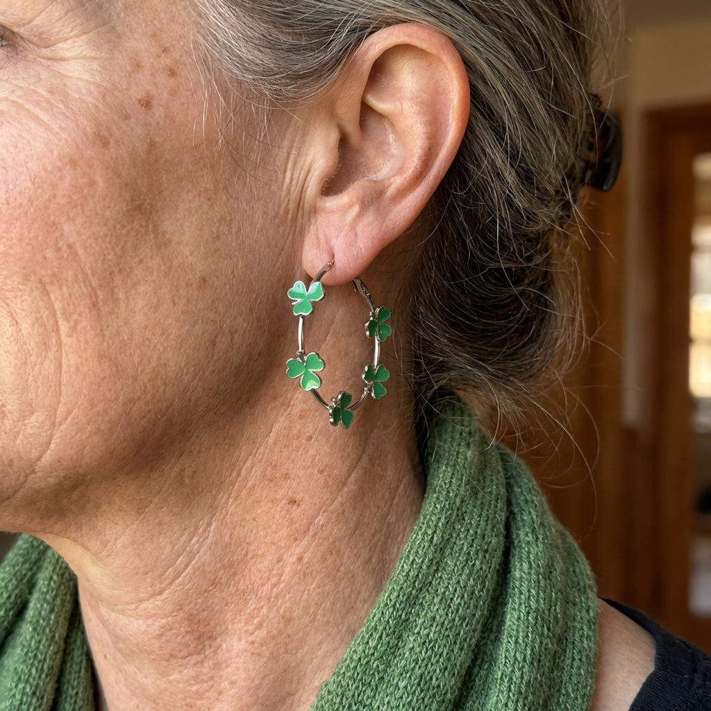 Orecchini a Cerchio Vintage Bohemien Placcati Argento con Fiori Verdi