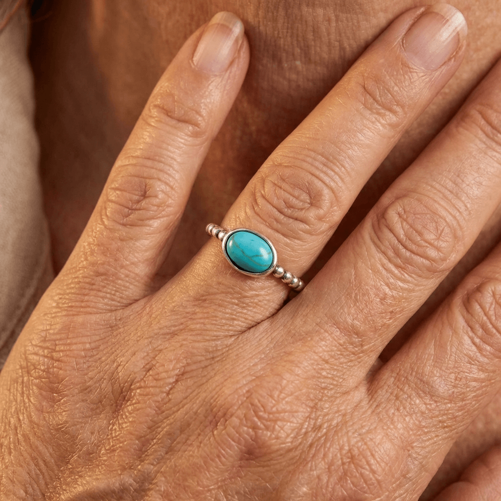 Anello Ellittico in Argento Placcato con Perline Turchesi Bohemien