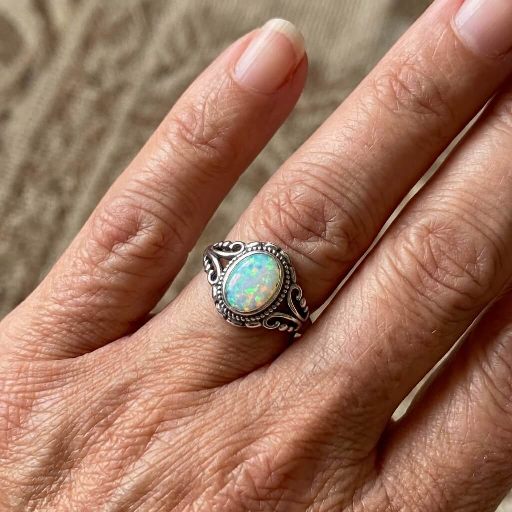 Anello Vintage Bohemien Placcato Argento con Opale