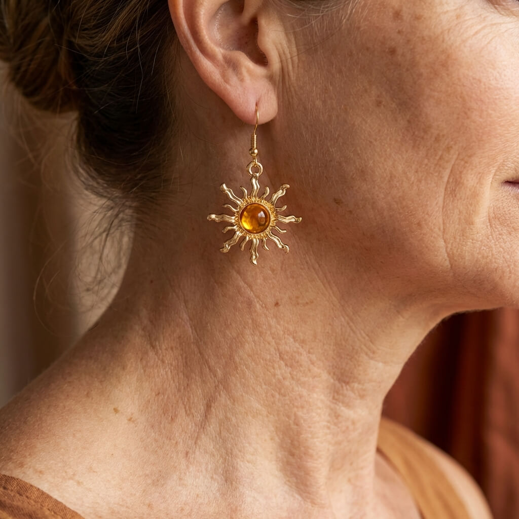 Orecchini Pendenti in Acrilico Dorato con Girasole Barocco Bohemien