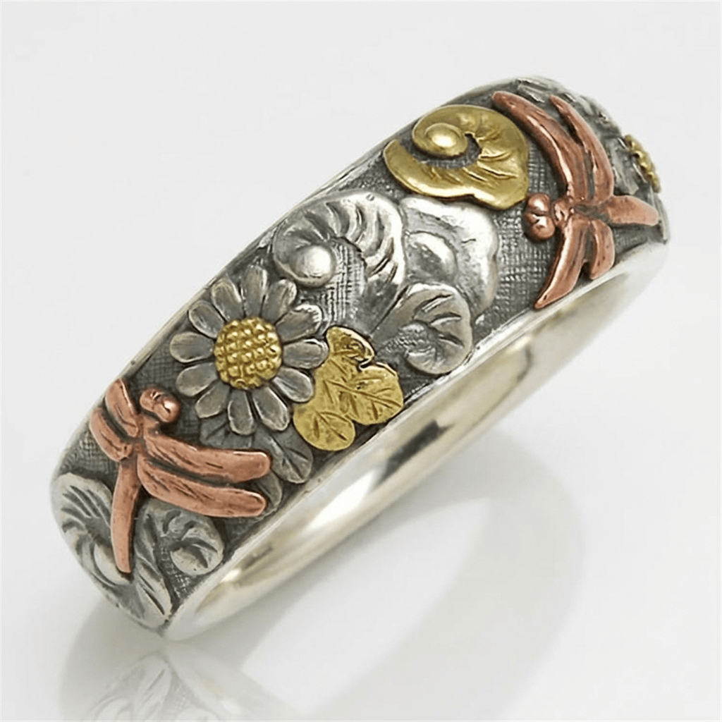 Elara™ - Anello vintage in argento con libellula e girasole
