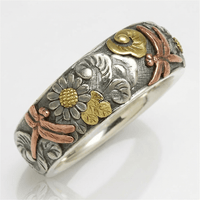 Elara™ - Anello vintage in argento con libellula e girasole