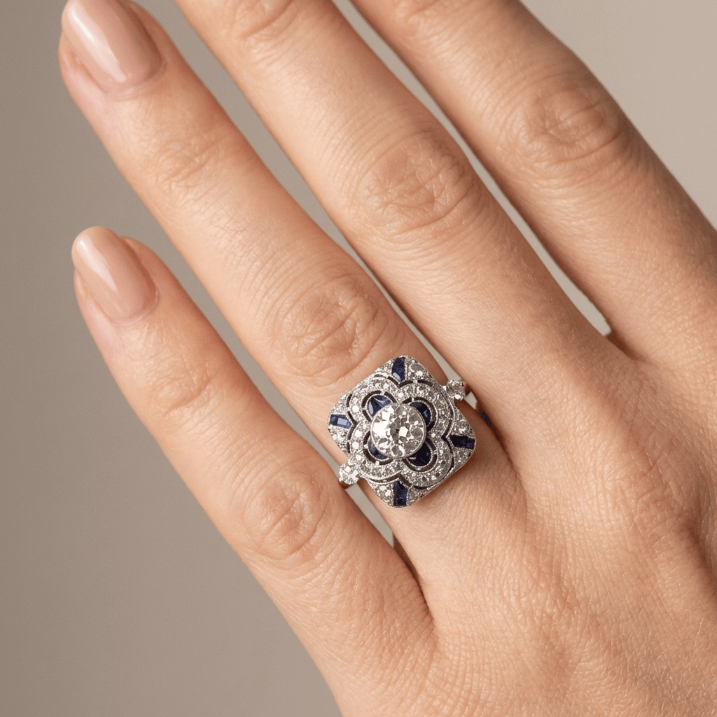 Vela™ - Anello vintage in argento con diamante e zaffiro