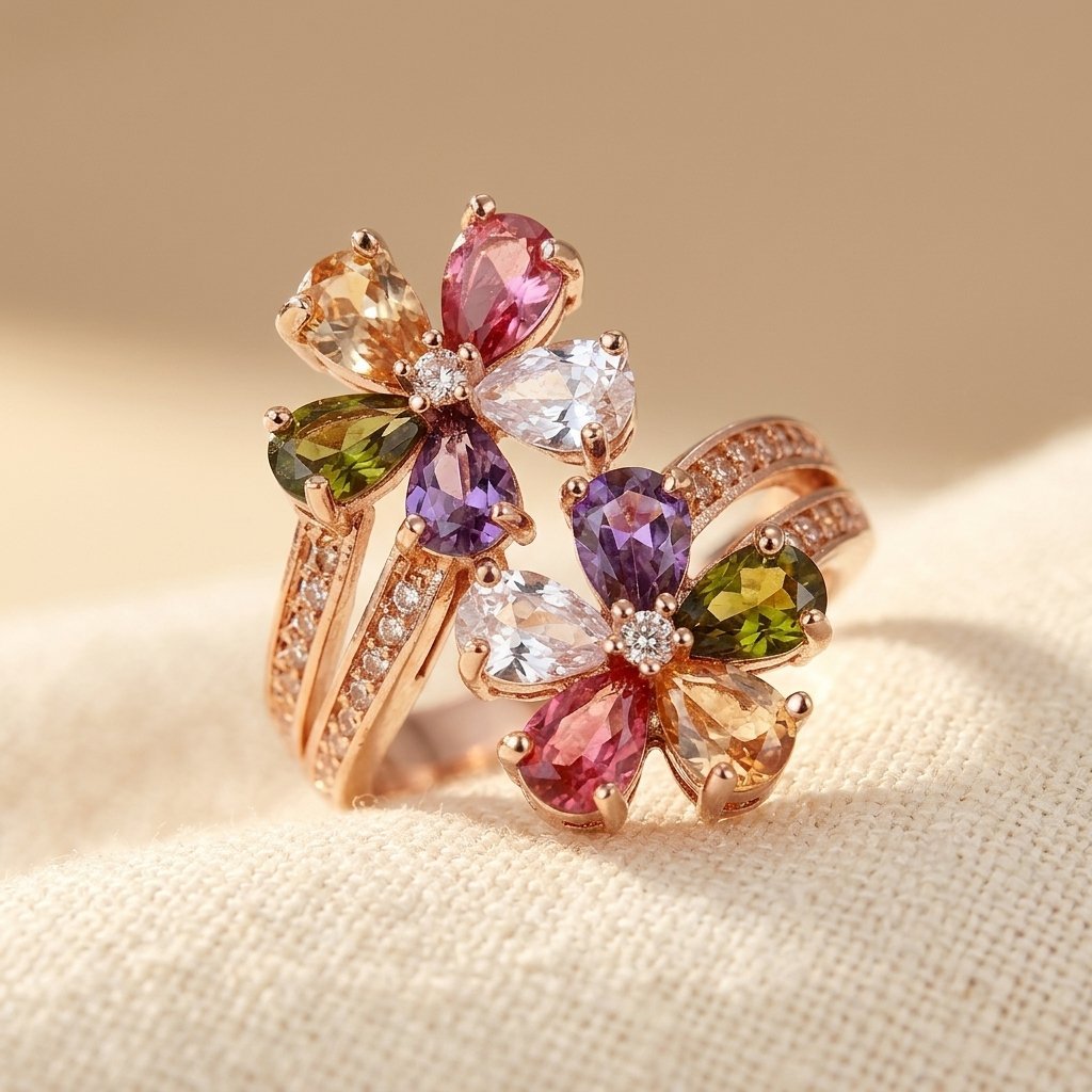 Anello da Sposa Boho a Doppio Fiore in Zirconia