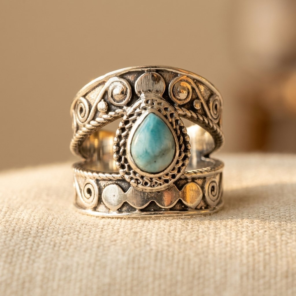 Anello Vintage Bohemien in Rame con Turchese Sintetico